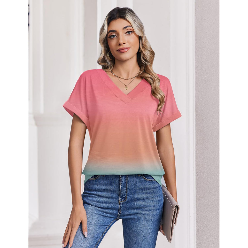 Zeagoo Womens Summer Tops Rolled Short Sleeve V Neck Shirts Casual Dressy Business Work Blouses Outfits