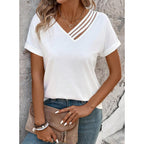 LOLONG Womens Short Sleeve V Neck T Shirts Summer Cut Out Casual Basic Work Tee Tops