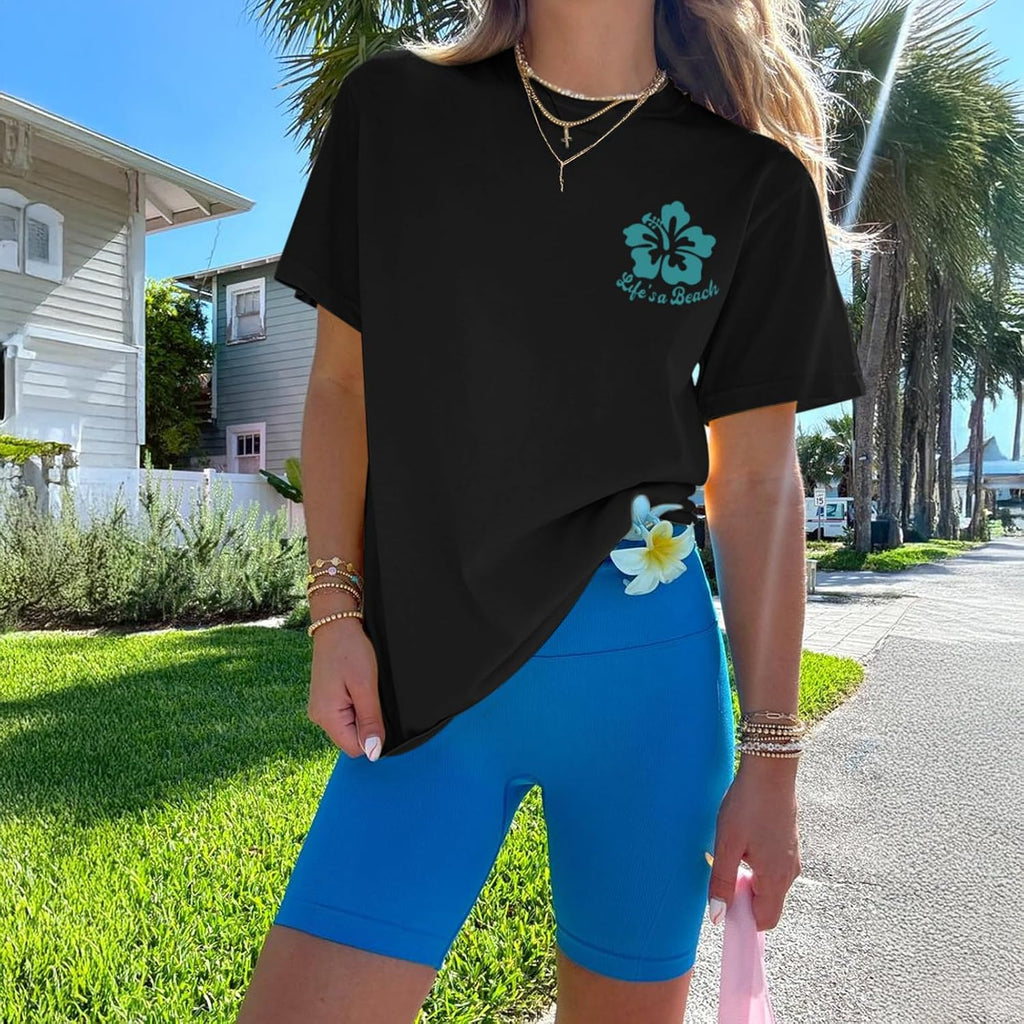 Hawaiian Beach T Shirts for Women Hibiscus Flower Palm Tree Shirt Tropical Graphic Tees Summer Beachy Vacation Tops