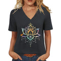 Womens Cut Out V Neck T-Shirts Boho Floral Graphic Tee Summer Cold Shoulder Tops Cute Wildflower Short Sleeve Blouse