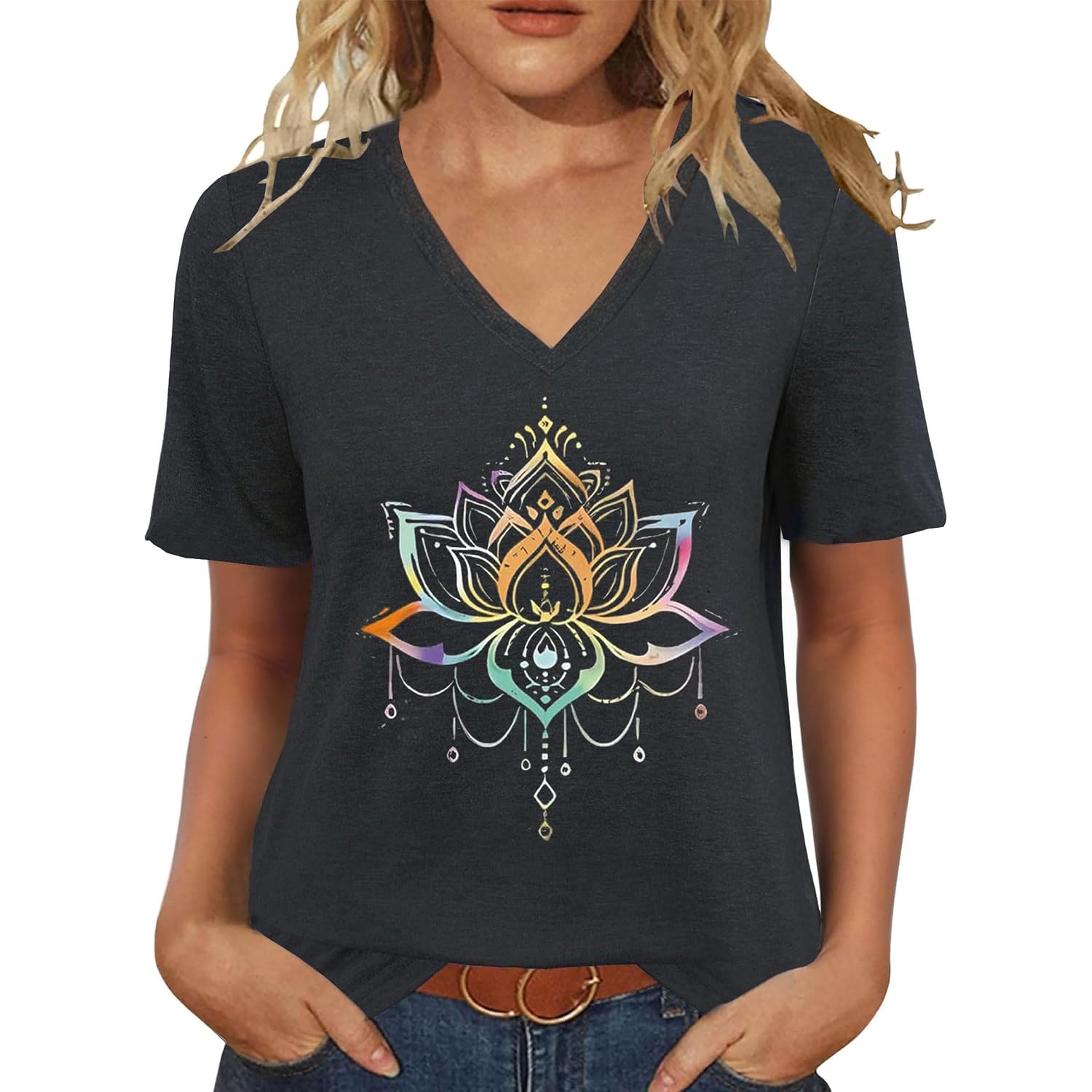 Womens Cut Out V Neck T-Shirts Boho Floral Graphic Tee Summer Cold Shoulder Tops Cute Wildflower Short Sleeve Blouse