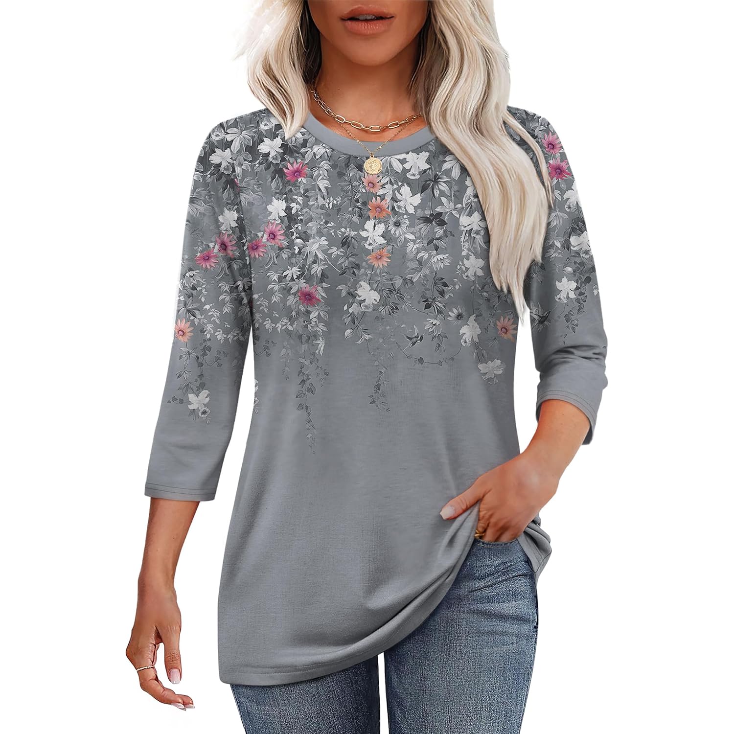 OFEEFAN 3/4 Length Sleeve Womens Tops Dressy Casual Blouses Crew Neck T Shirt Fashion Clothing Loose Fit
