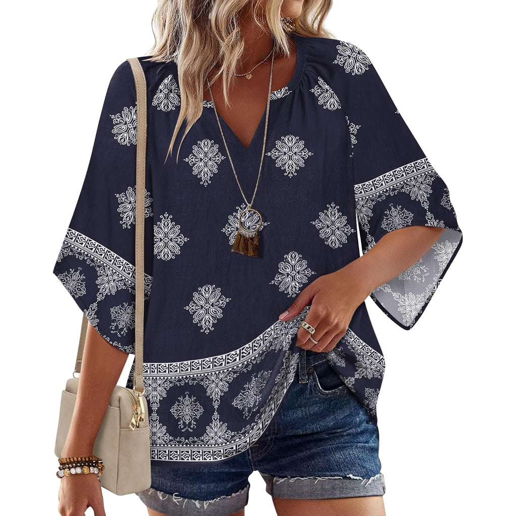Women's Floral Boho V-Neck Tunic Top Navy Blue