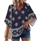 Women's Floral Boho V-Neck Tunic Top Navy Blue
