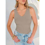 Women's Ribbed V-Neck Tank Top Light Khaki