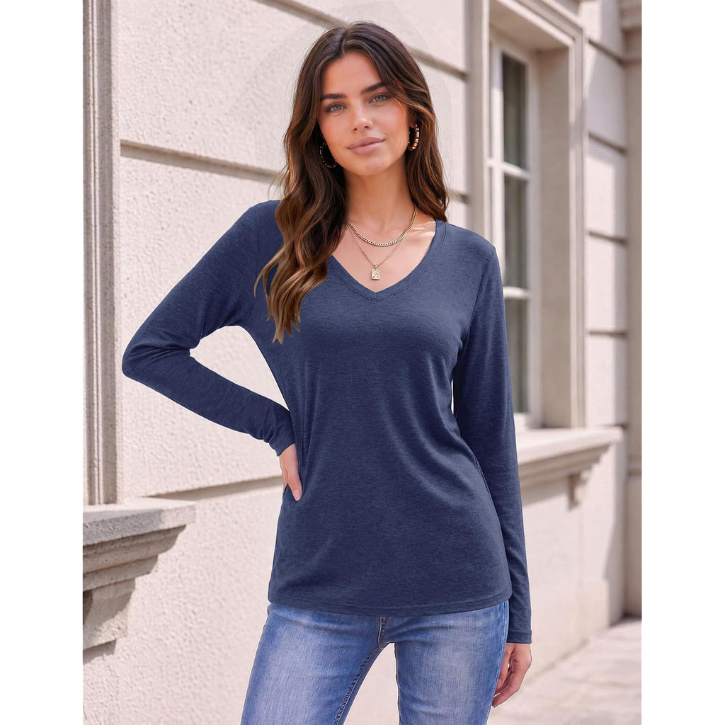 Zeagoo Womens Long Sleeve Shirts V Neck Basic Tee Tops Dressy Casual Business Work Blouses Fall Outfits S-3XL