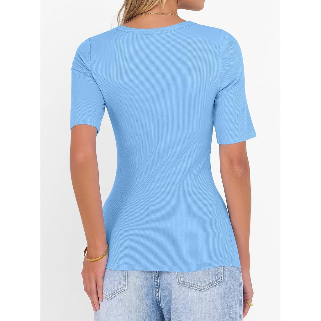 ANRABESS Womens Half Sleeve Tops Scoop Neck Ribbed Knit Slim Fitted Basic Tee Shirts Summer 2026 Trendy Spring Casual Clothes
