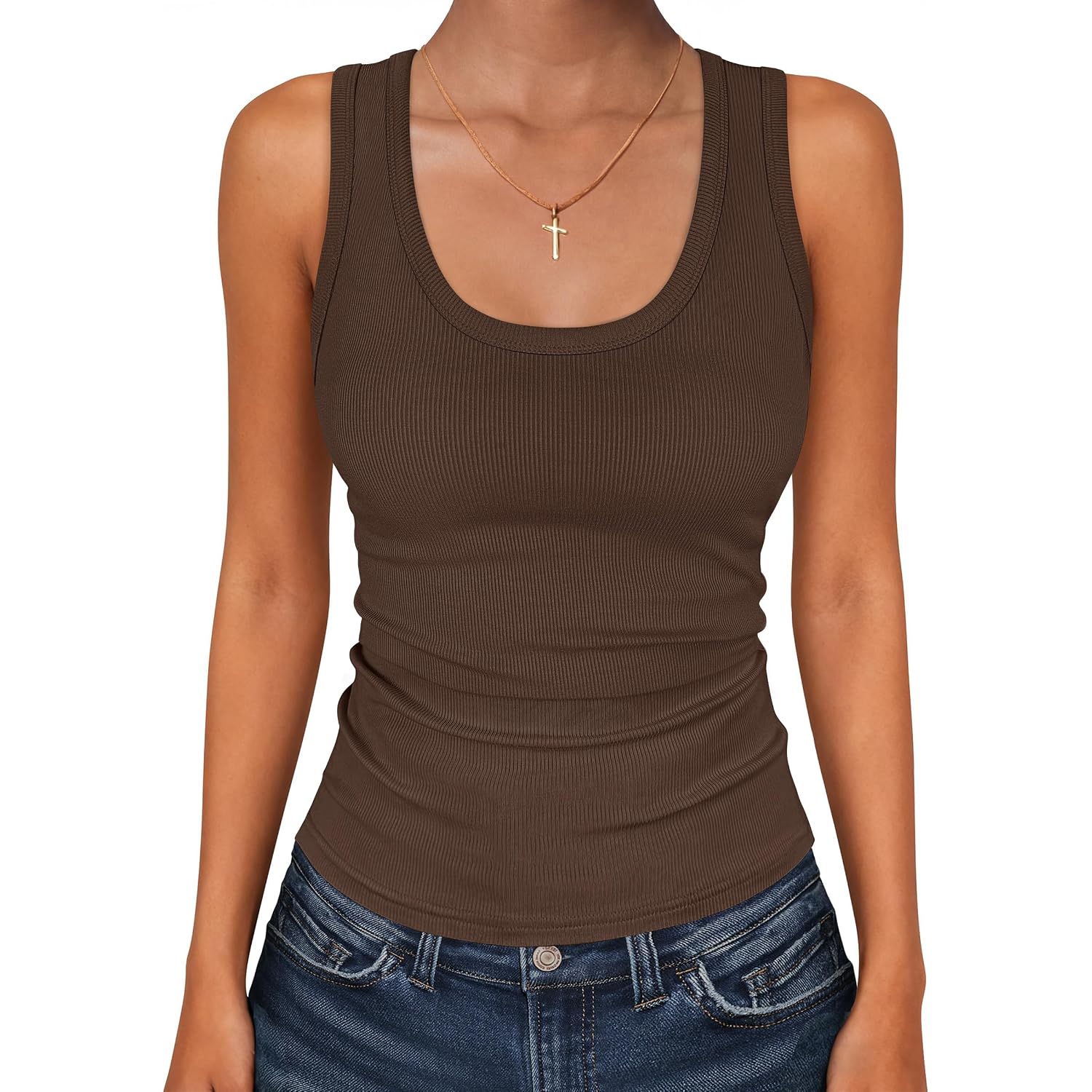 ANRABESS Womens Sleeveless Scoop Neck Tank Tops 2026 Summer Casual Basic Slim Fit Ribbed Knit Racerback Workout Cami Shirts