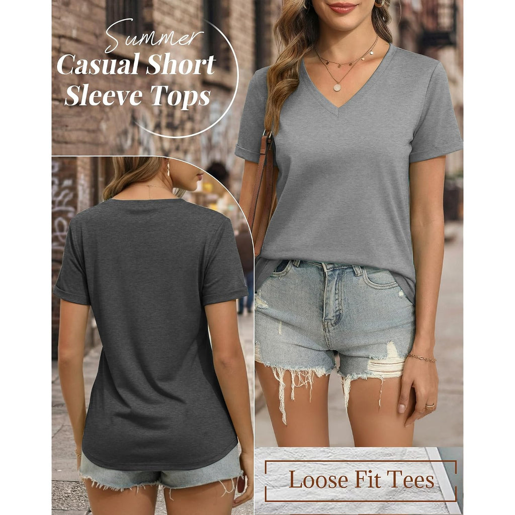 Ficerd 3 Pack Women's V Neck T Shirts, Summer Casual Short Sleeve Tops Loose Fit Rolled Sleeve Tees Trendy Shirts