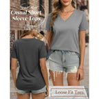Ficerd 3 Pack Women's V Neck T Shirts, Summer Casual Short Sleeve Tops Loose Fit Rolled Sleeve Tees Trendy Shirts