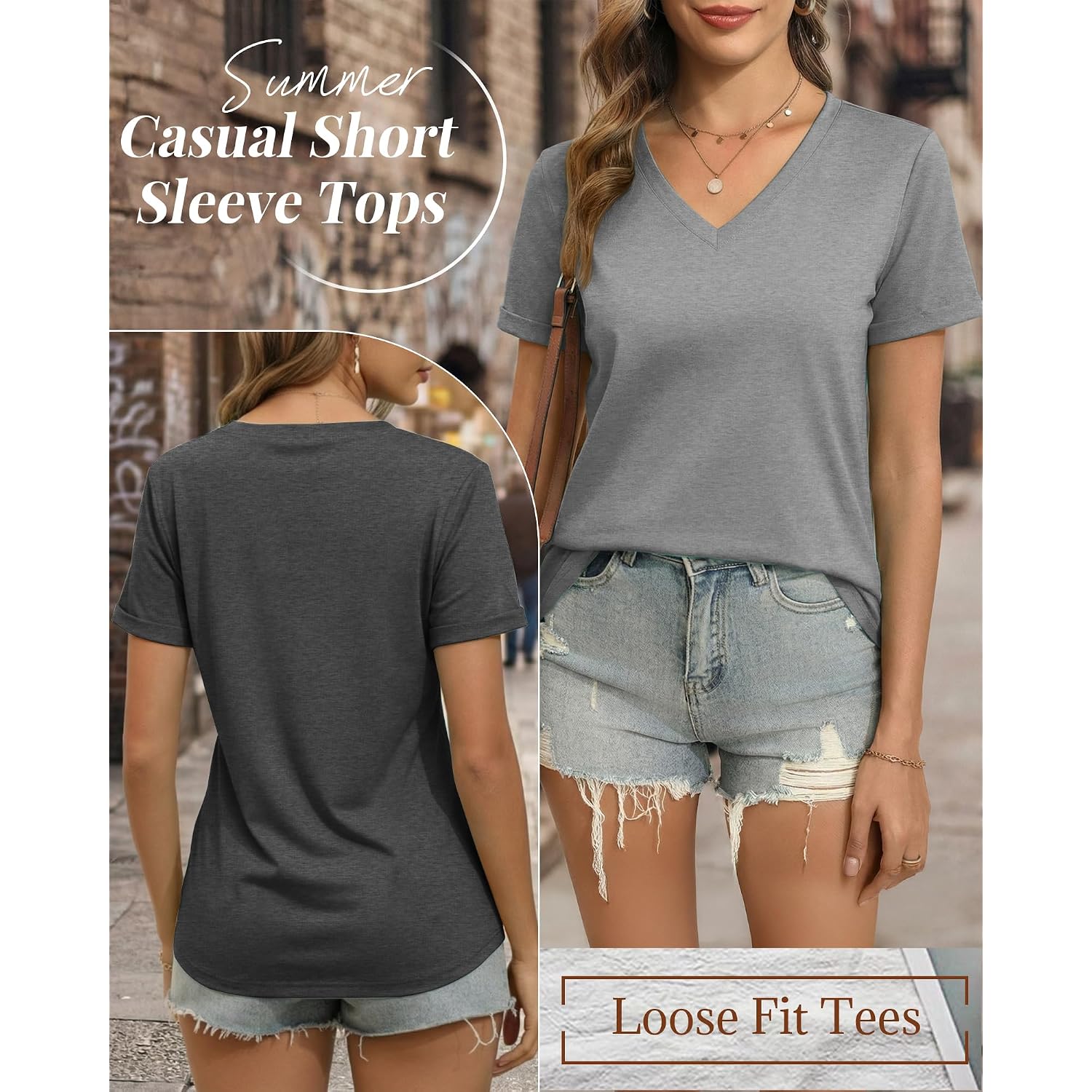 Ficerd 3 Pack Women's V Neck T Shirts, Summer Casual Short Sleeve Tops Loose Fit Rolled Sleeve Tees Trendy Shirts