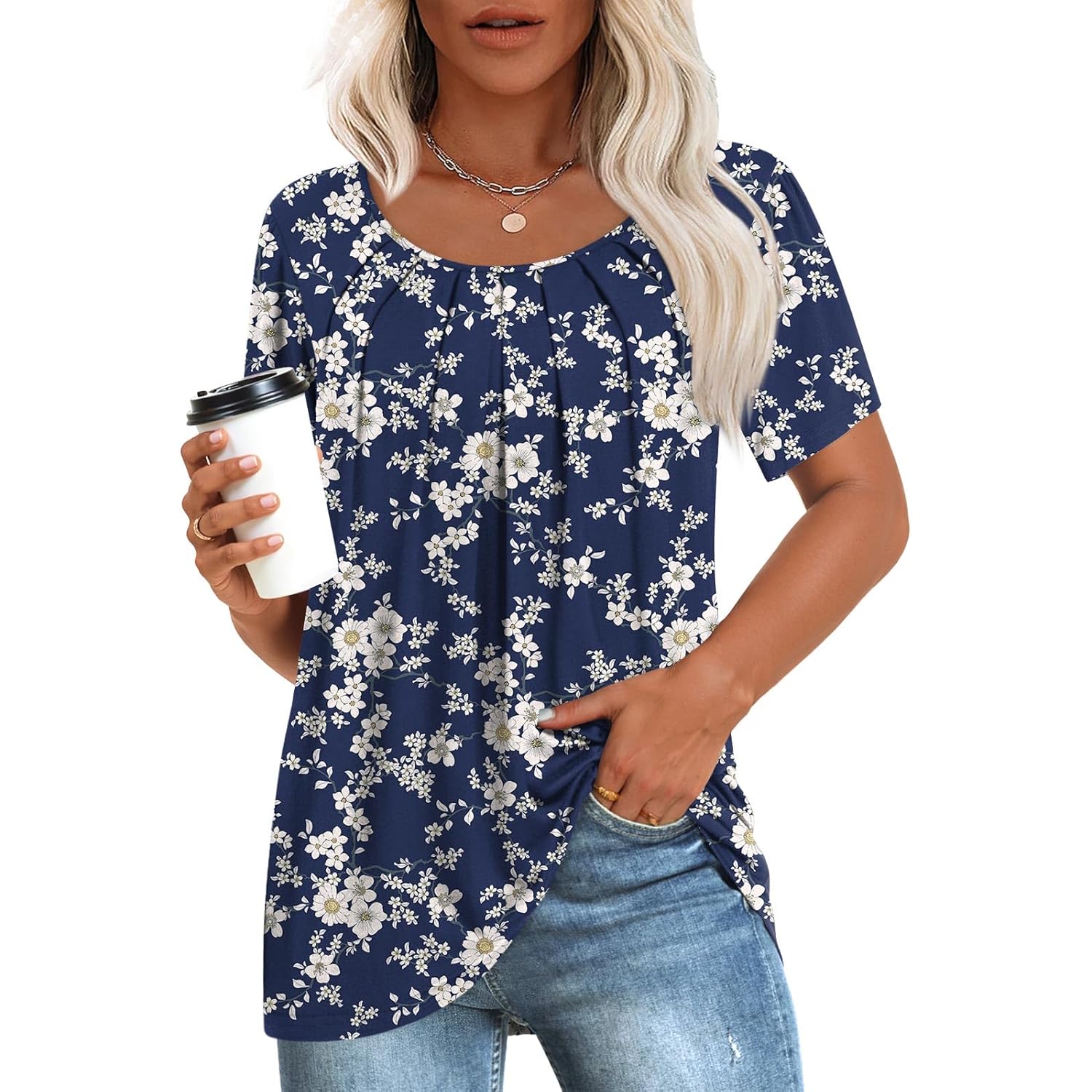 Women's Pleated Casual Tunic Top White Floret