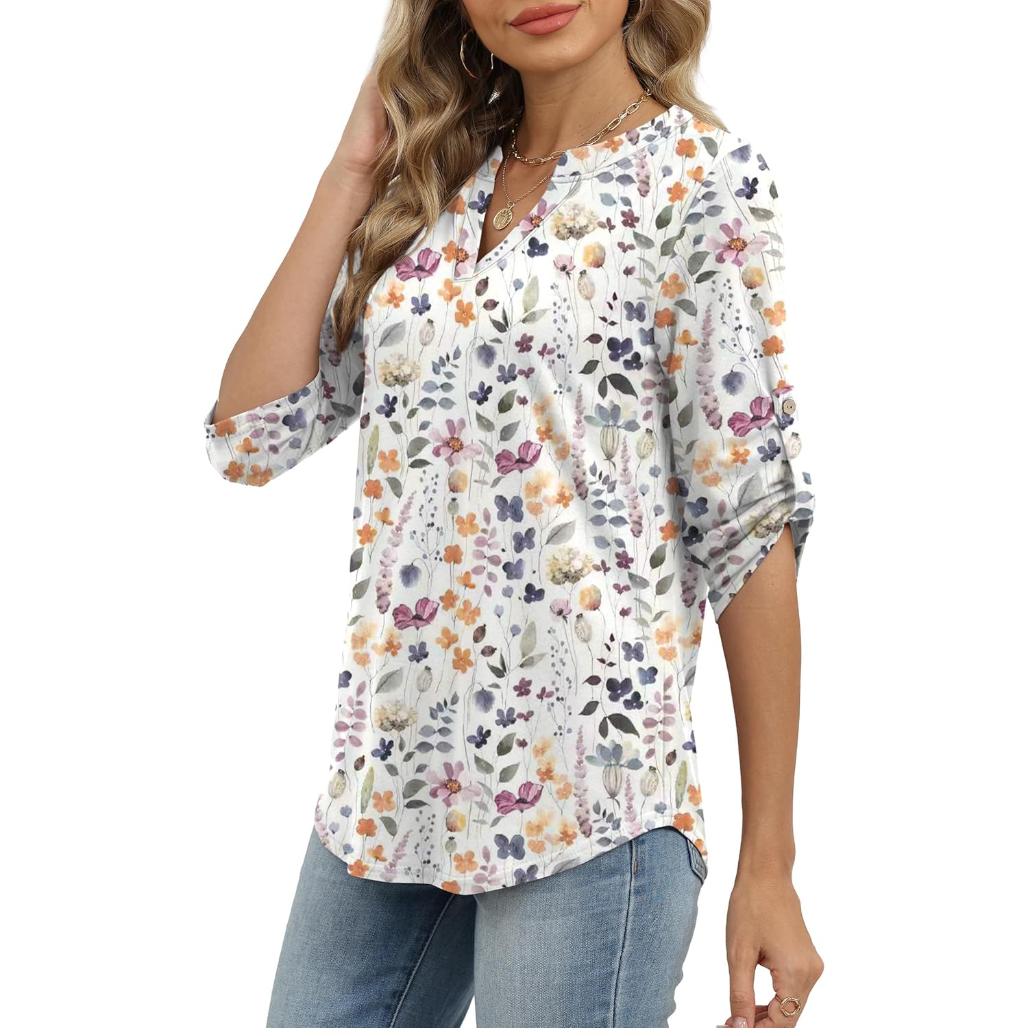 Women's Button Detail V-Neck Tunic Top White Floral