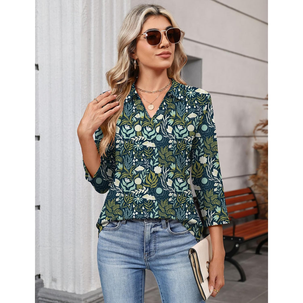 Women's 3/4 Sleeve Collared Polo Shirt Navy Blue Floral