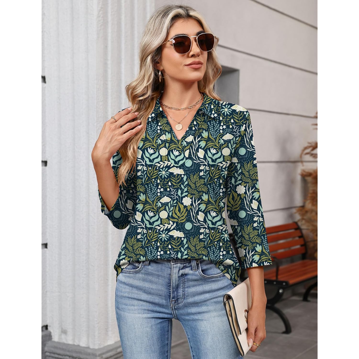 Women's 3/4 Sleeve Collared Polo Shirt Navy Blue Floral