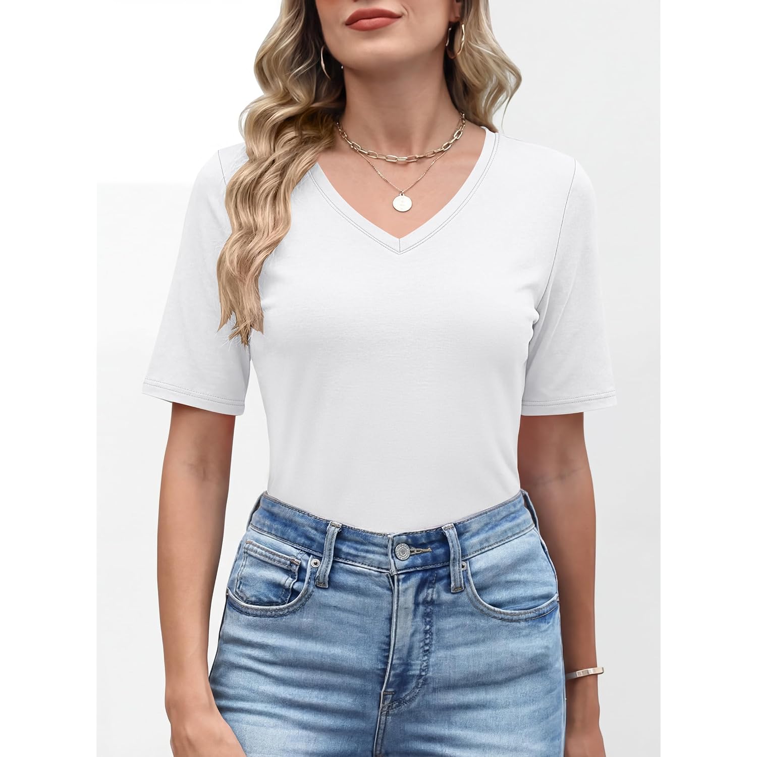 ANRABESS Womens Half Sleeve V Neck T Shirts, Fitted Comfy Fabric, Cozy for Daily, Office, Business, Versatile Summer Outfits