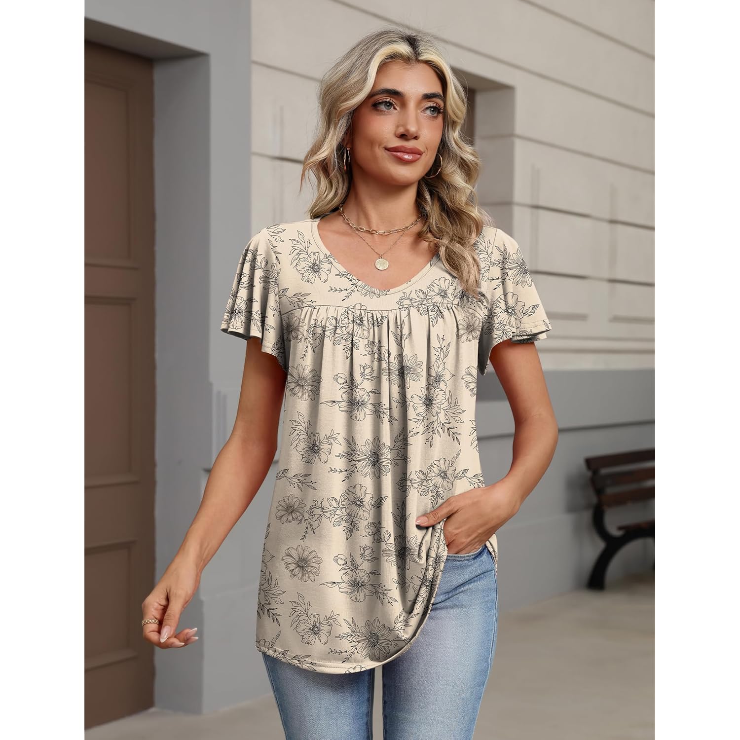 Women's Ruffle Sleeve V-Neck Tunic Top Beige Floral