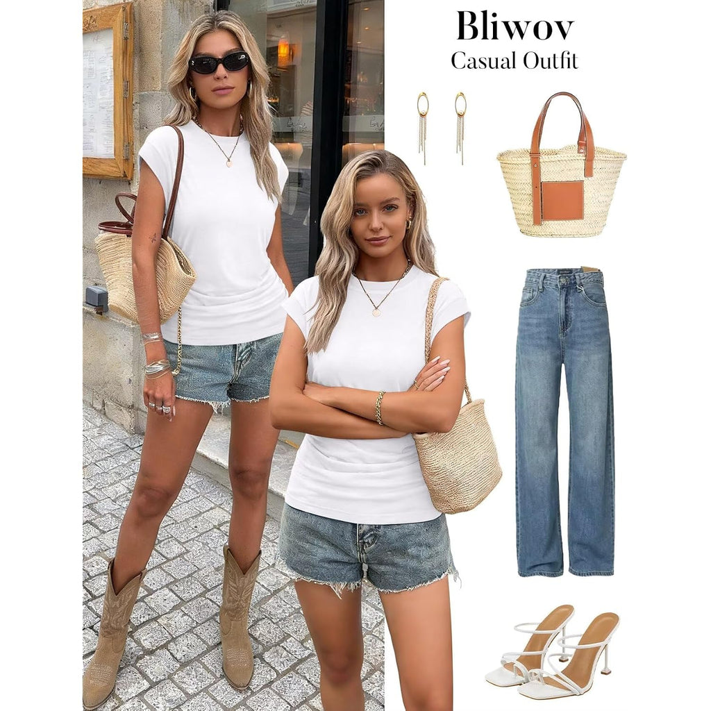 Bliwov Womens Summer Tops Cap Sleeve Crew Neck T Shirts Spring Trendy Fashion Outfits Business Beach Vacation Blouses Clothes