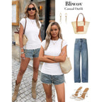 Bliwov Womens Summer Tops Cap Sleeve Crew Neck T Shirts Spring Trendy Fashion Outfits Business Beach Vacation Blouses Clothes