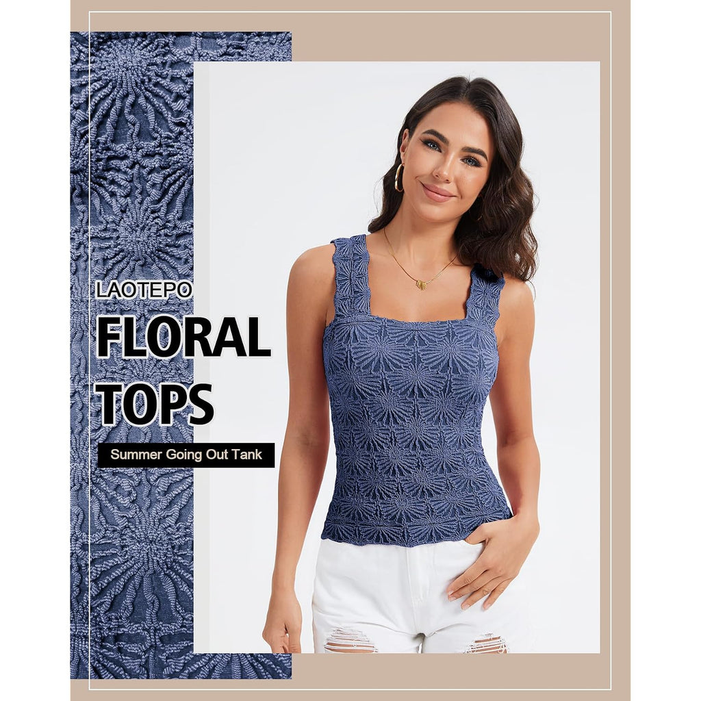 Women's Square Neck Wide Strap Crop Tank Tops Slim Fit Sleeveless Going Out Top Flower Lettuce Trim Cami Tops
