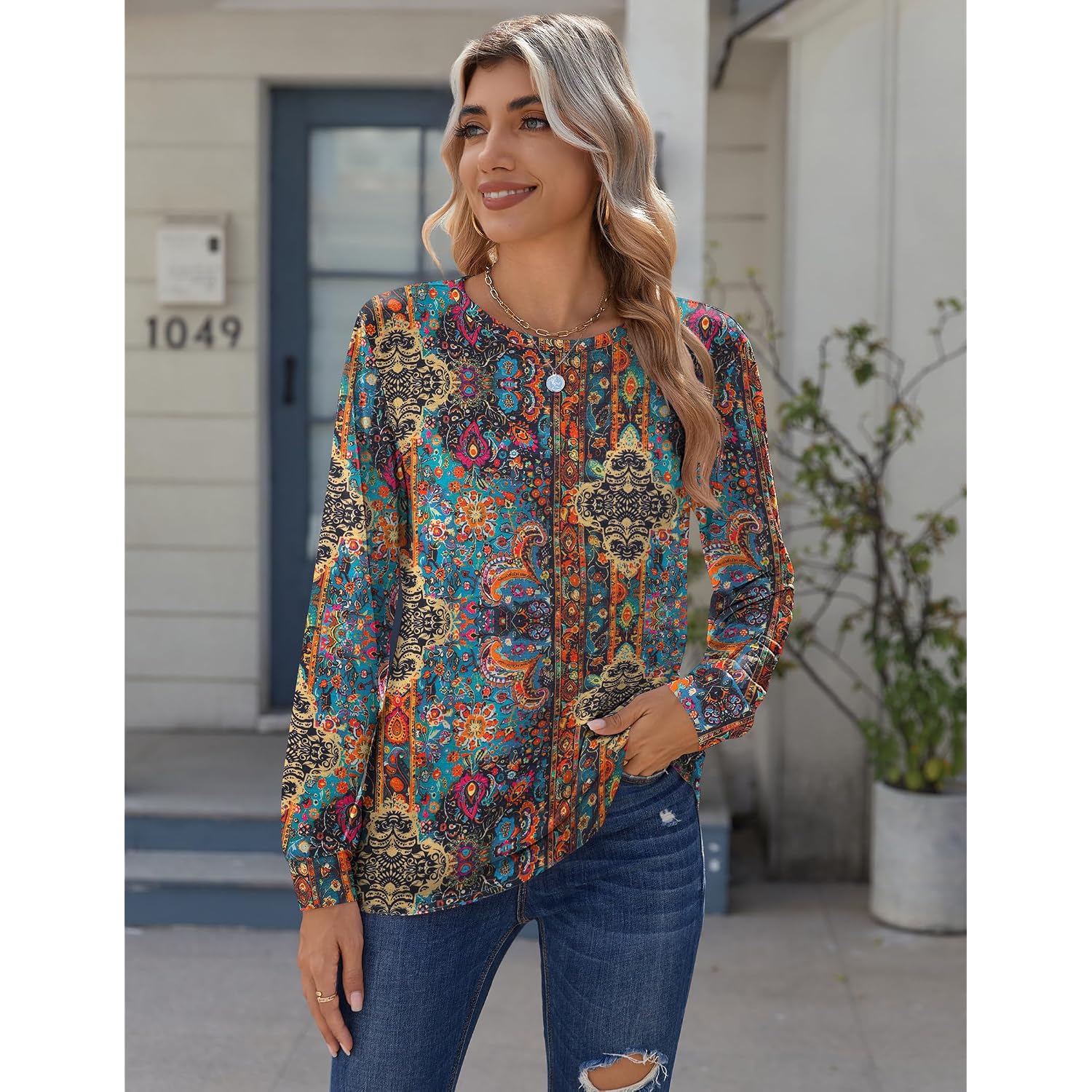 Zeagoo Tops for Women Dressy Crewneck Long Sleeve Shirts Lightweight Basic Tee Business Casual Outfits