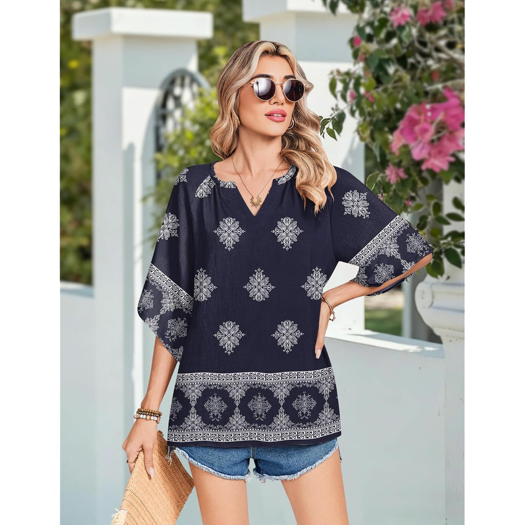 Women's Floral Boho V-Neck Tunic Top Navy Blue