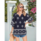 Women's Floral Boho V-Neck Tunic Top Navy Blue