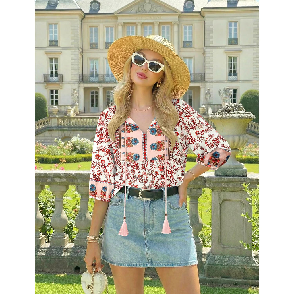 Women's Floral Boho Tunic Top Pink Floral