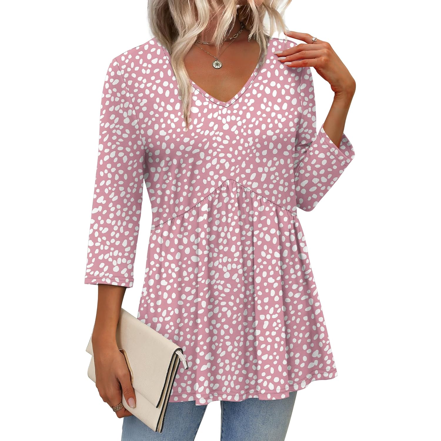 Women's Babydoll V-Neck Tunic Top Pink Dot