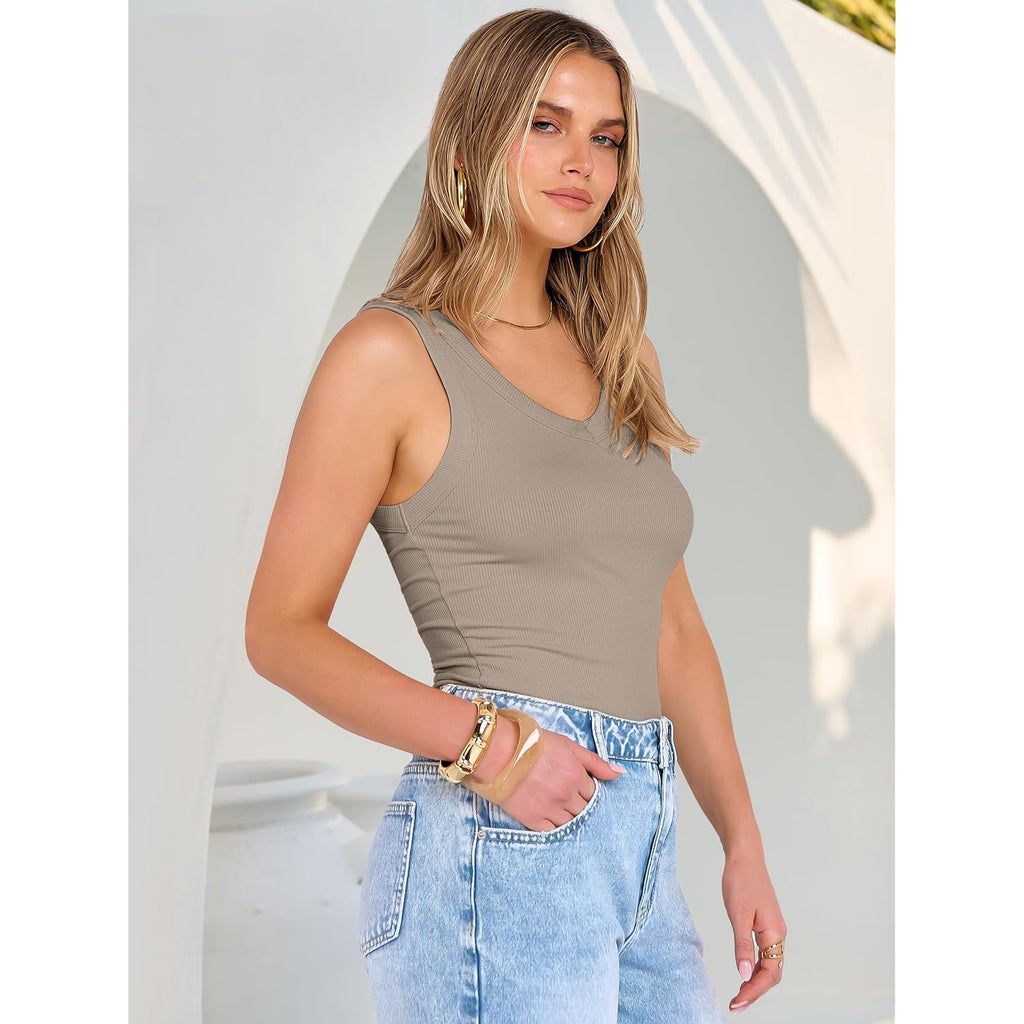Women's Ribbed V-Neck Tank Top Light Khaki