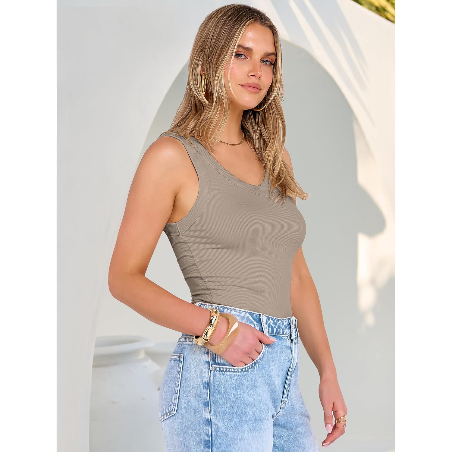 Women's Ribbed V-Neck Tank Top Light Khaki