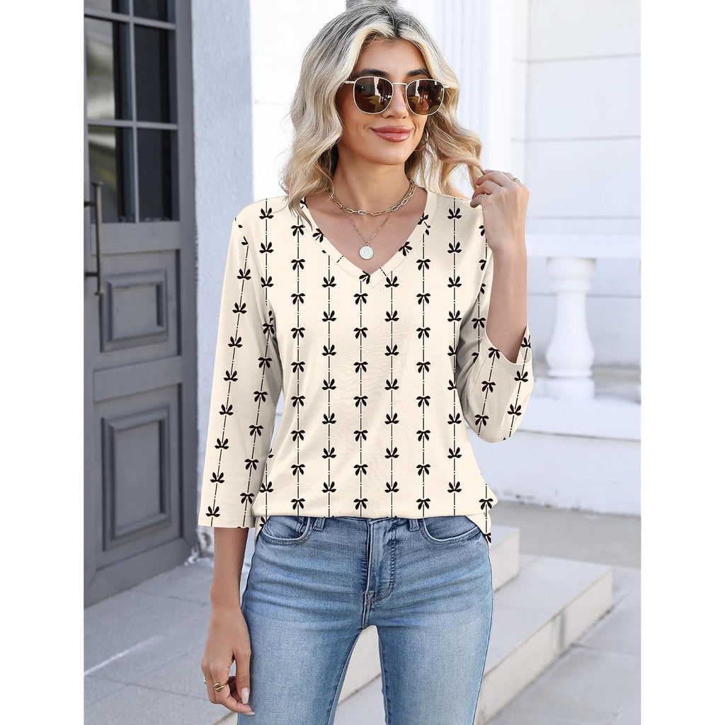 Lomon Women's V Neck T Shirts 3/4 Sleeve Blouse Summer Tops Dressy Casual Basic Tees