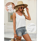 OFEEFAN Tank Top for Women Loose Fit Crew Neck Sleeveless Shirts Strap Lace Camisole Chiffon Summer Tops Curved Hem