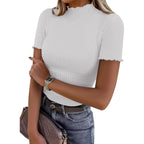 ANRABESS Women's Mock Neck Tops, Short Sleeve Fitted Tee, Soft Comfy Ribbed Tshirts, Summer Going Out Outfits for Daily& Work