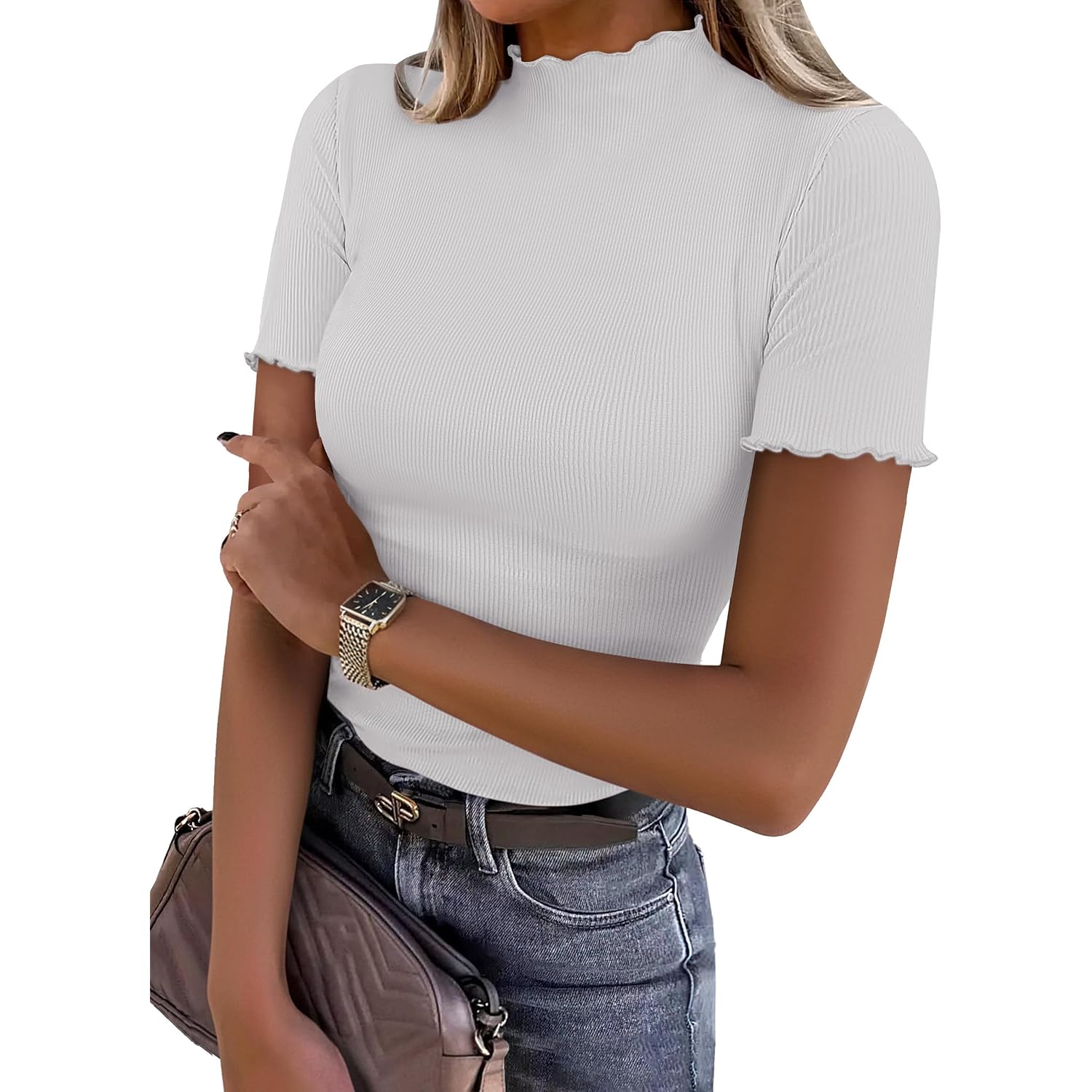 ANRABESS Women's Mock Neck Tops, Short Sleeve Fitted Tee, Soft Comfy Ribbed Tshirts, Summer Going Out Outfits for Daily& Work