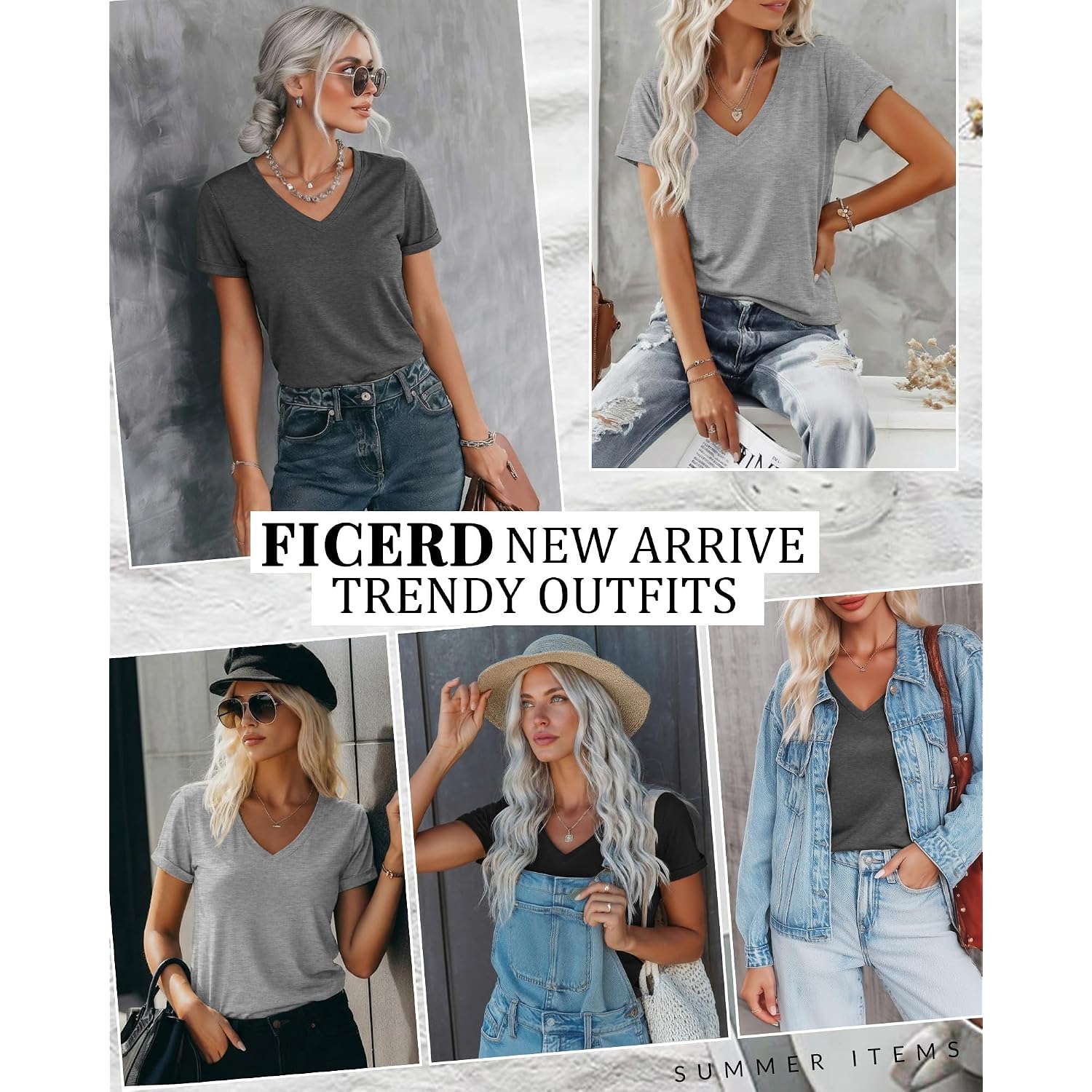 Ficerd 3 Pack Women's V Neck T Shirts, Summer Casual Short Sleeve Tops Loose Fit Rolled Sleeve Tees Trendy Shirts