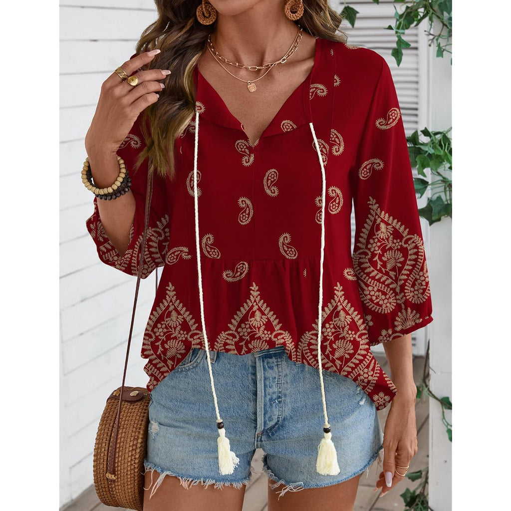 Women's Tie Front Boho Tunic Top Claret Red