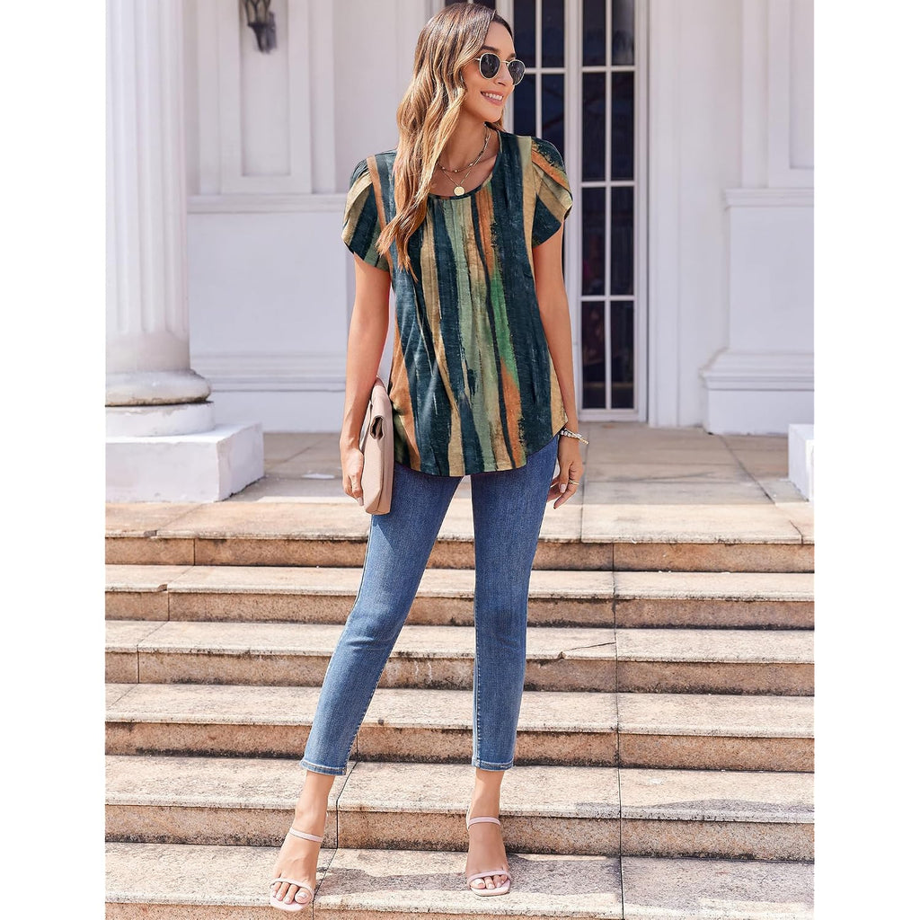 Zeagoo Womens Tops Petal Short Sleeve Summer Casual Crew Neck Shirts Floral Solid Blouse Pleated Tunics