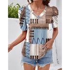 Women's Puff Sleeve V-Neck Tunic Top Brown/Blue Plaid