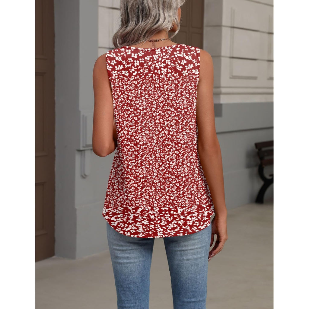 Women's Pleated V-Neck Tank Top Red Floral Fragments