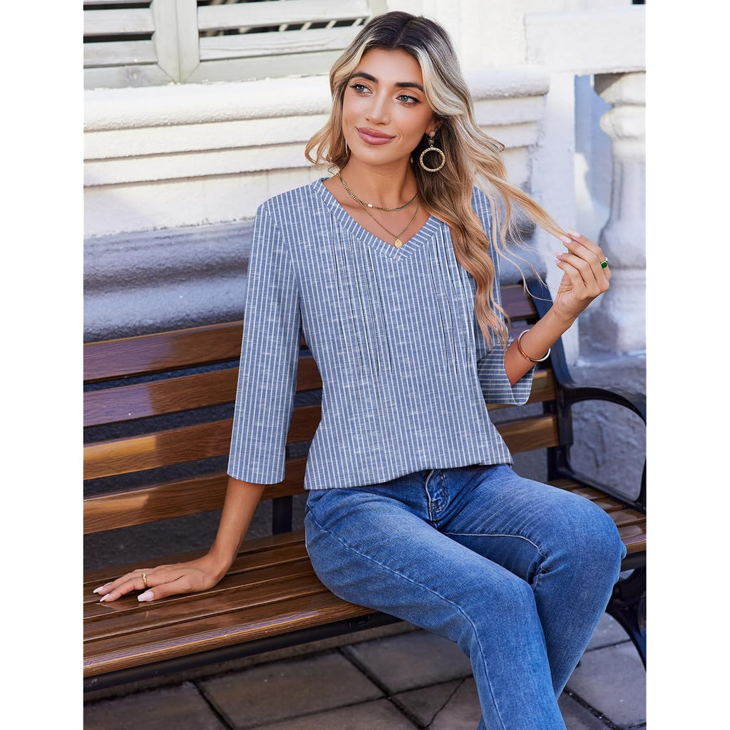 Women's Pleated Floral V-Neck Tunic Top Striped