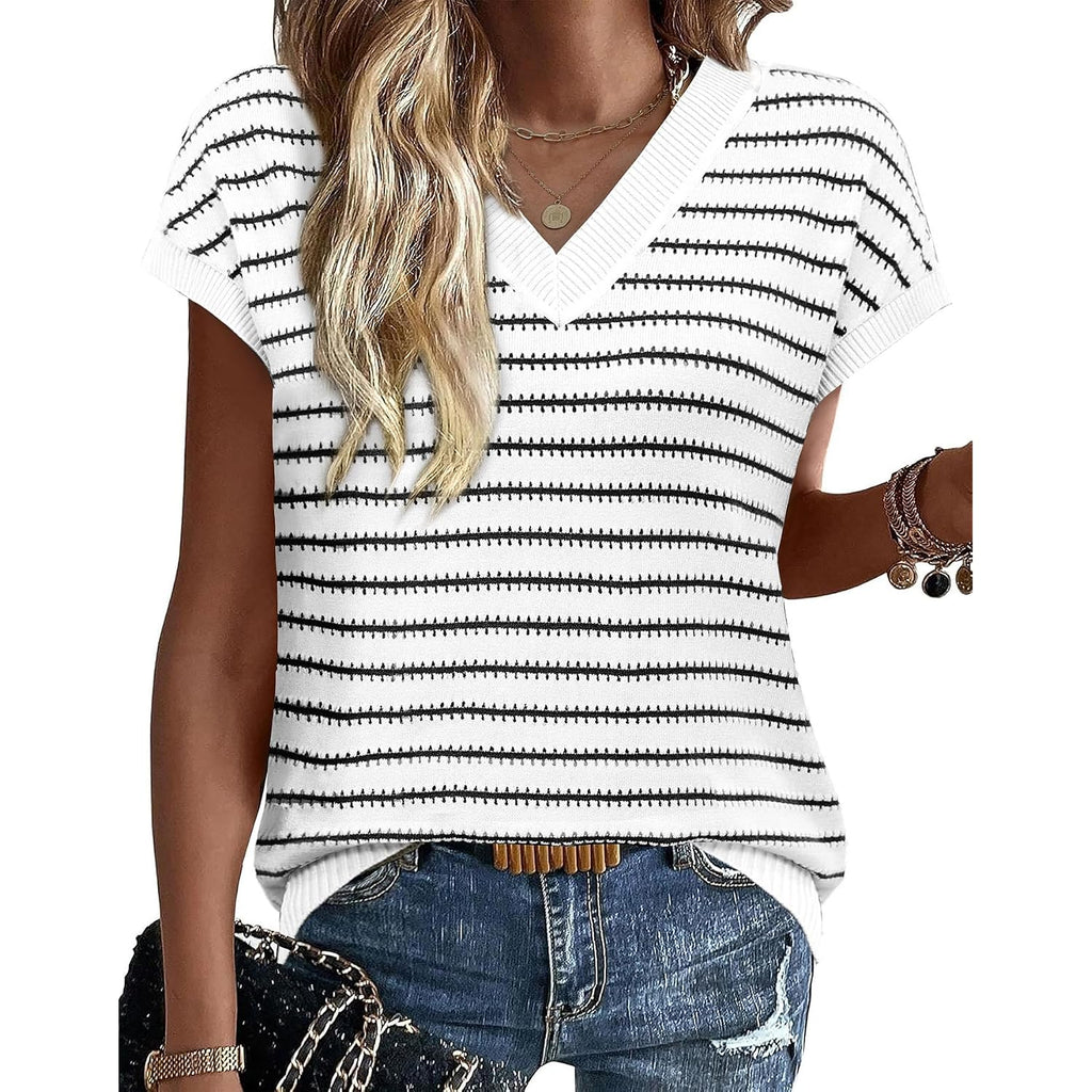 WIHOLL Womens Short Sleeve Sweater V Neck Cute Tops Trendy Spring Summer Striped Pullover Crochet Sweater Vest