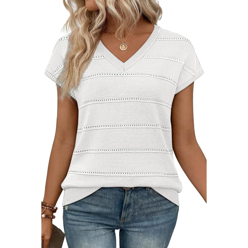 WIHOLL Short Sleeve Sweater for Women V Neck Trendy Summer Tops 2026 Spring Fashion Clothing Business Casual Outfits