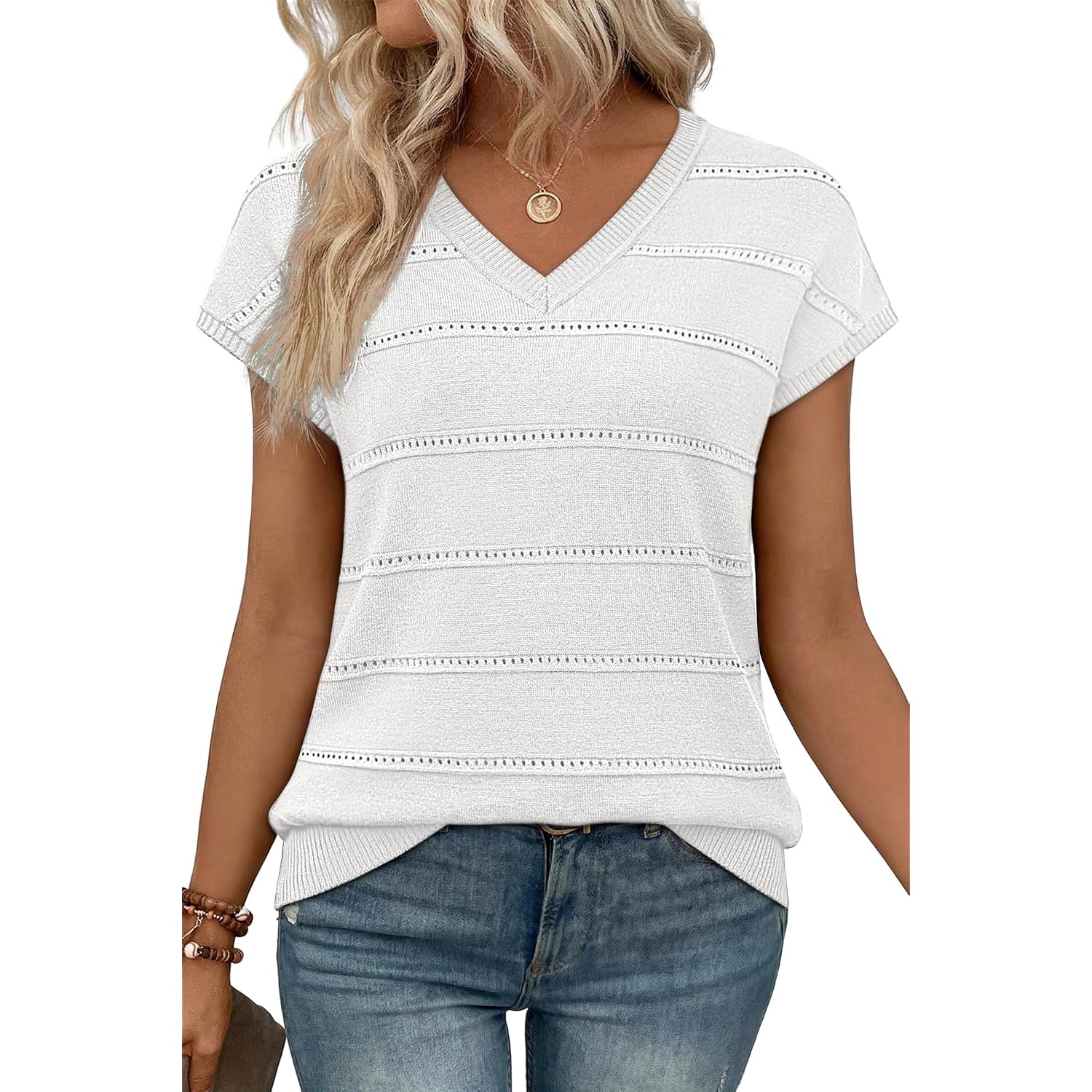WIHOLL Short Sleeve Sweater for Women V Neck Trendy Summer Tops 2026 Spring Fashion Clothing Business Casual Outfits