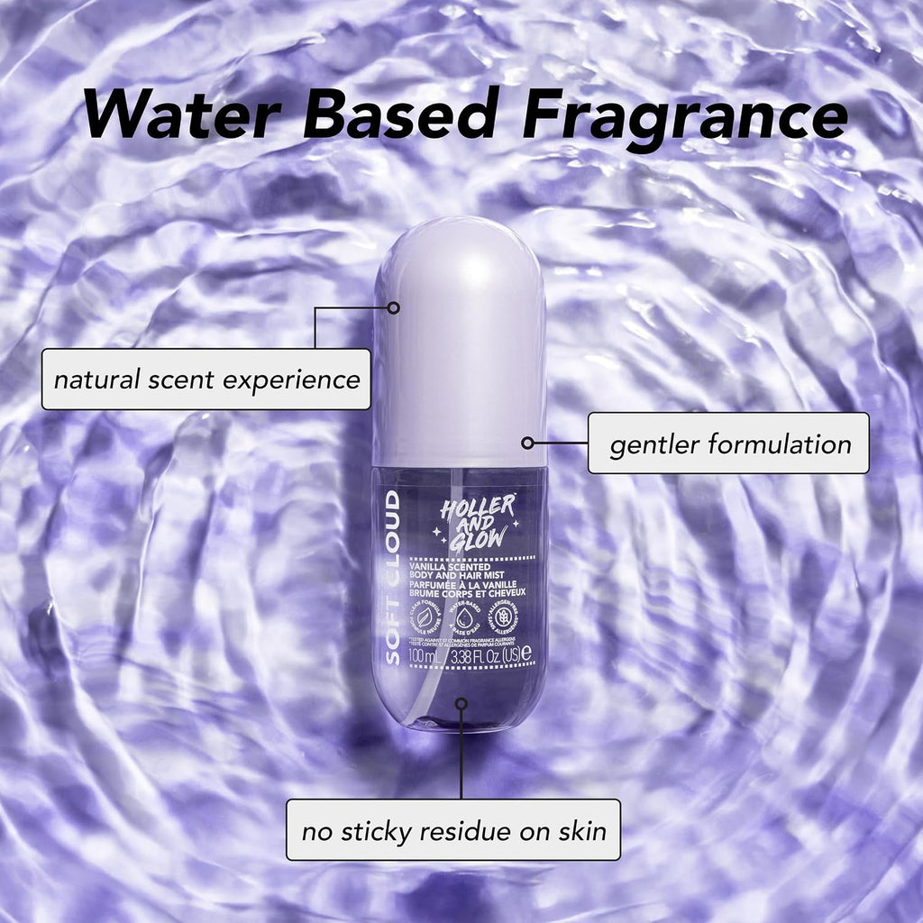 Holler And Glow Mood Boosting Soft Cloud Body & Hair Mist, Body Spray, Teen Girls Spritz, Long Lasting, Vanilla, Sweet Scented, Water Based Fragrance For Tweens, Clean & Gentle Formula, 3.38 Fl Oz