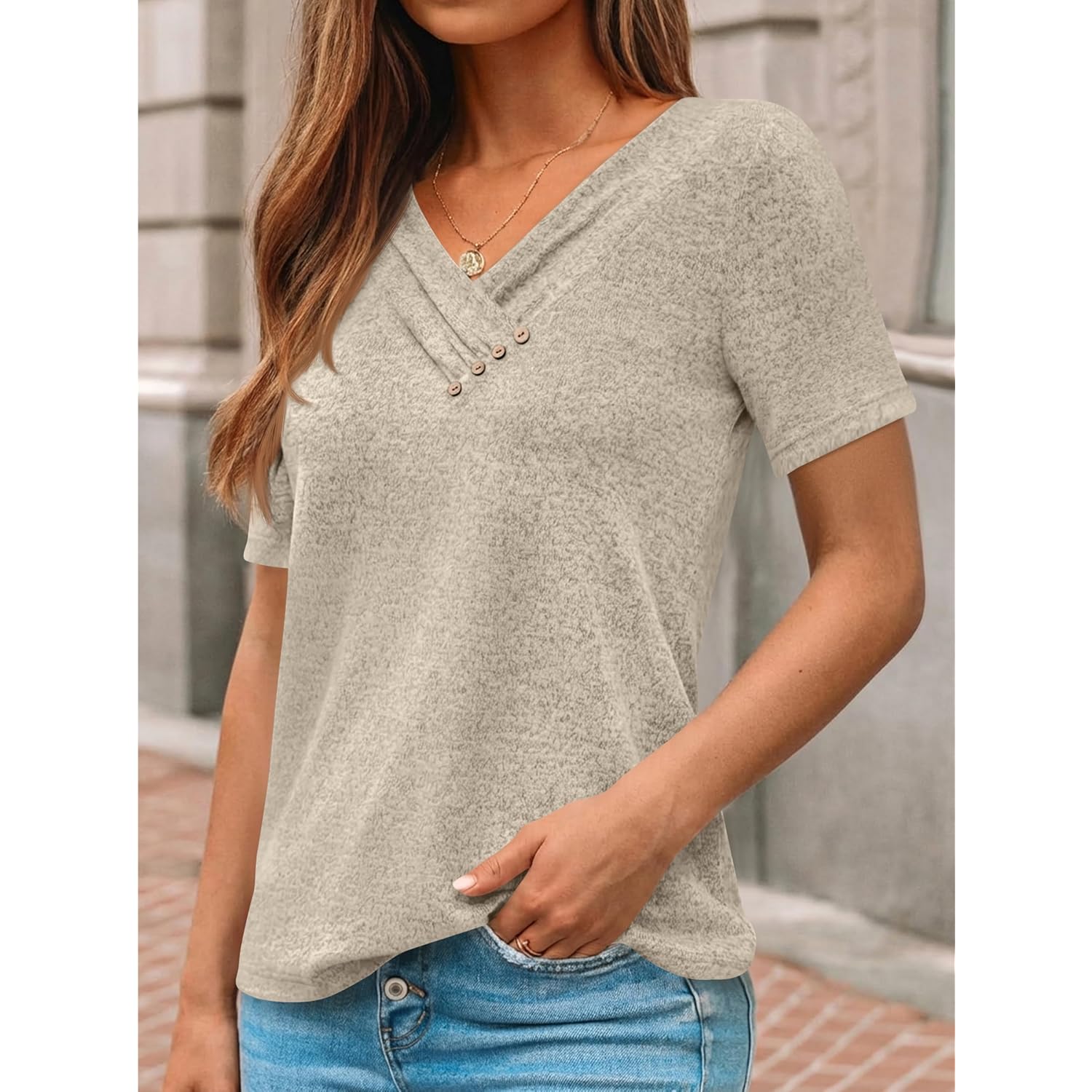Women's Buttoned V-Neck Tunic Top Khaki