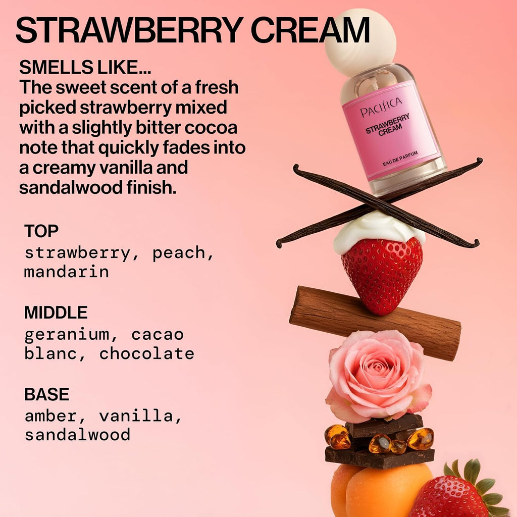 Pacifica Strawberry Cream Perfume for Women – Fruity Floral Eau de Parfum Spray with Strawberry, Vanilla, Jasmine & Sandalwood Notes, Long Lasting, Clean Beauty, 1 fl oz