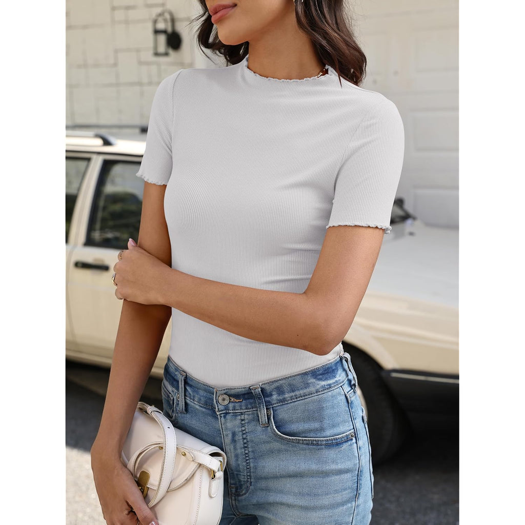 ANRABESS Women's Mock Neck Tops, Short Sleeve Fitted Tee, Soft Comfy Ribbed Tshirts, Summer Going Out Outfits for Daily& Work