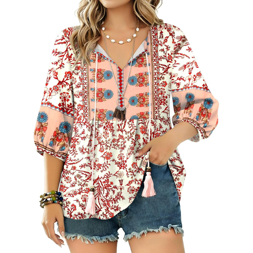 Women's Floral Boho Tunic Top Pink Floral