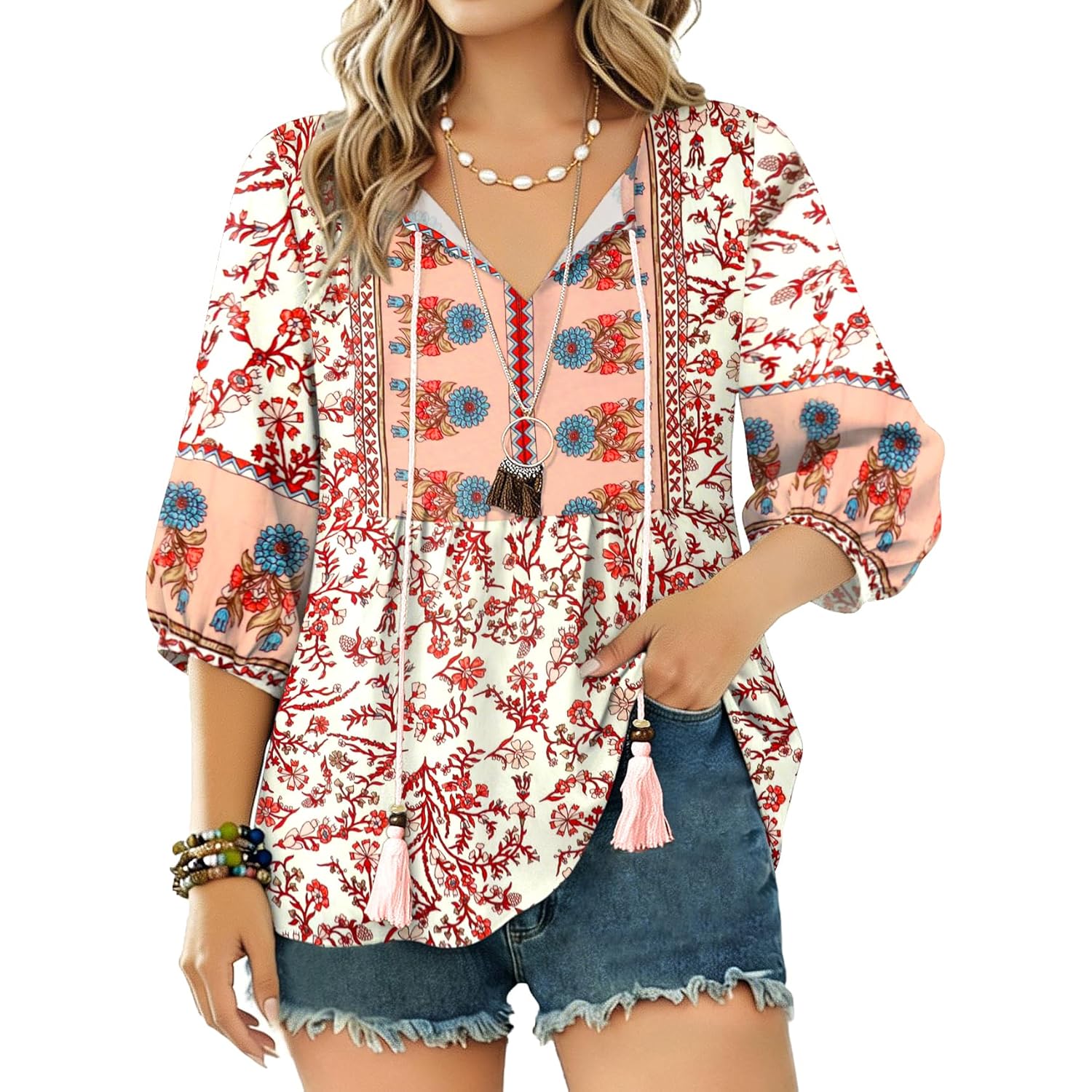 Women's Floral Boho Tunic Top Pink Floral